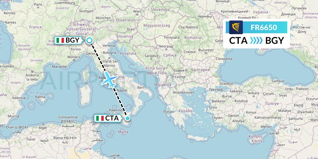 FR6650 Ryanair Flight Map: Catania to Milan