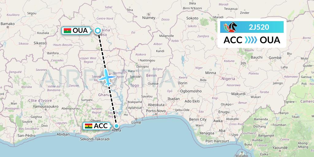 2J520 Air Burkina Flight Map: Accra to Ouagadougou