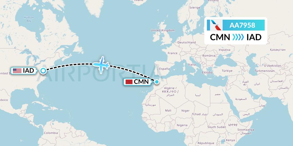 AA7958 American Airlines Flight Map: Casablanca to Washington