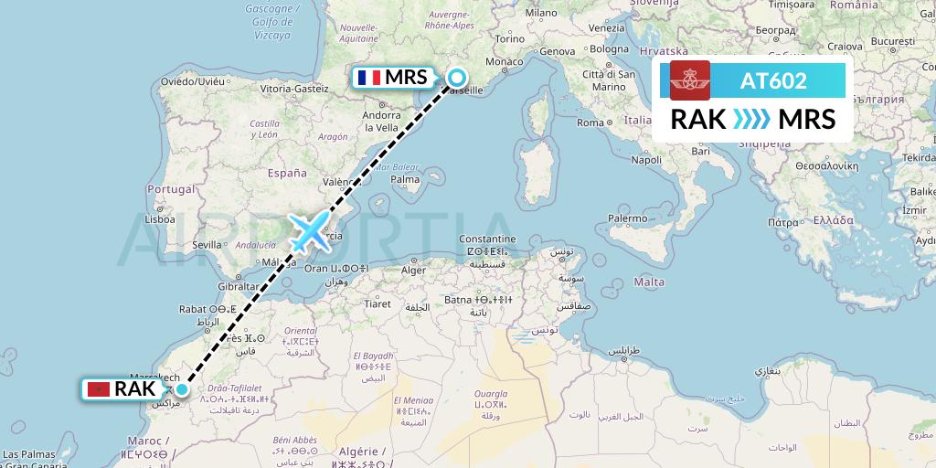 AT602 Royal Air Maroc Flight Map: Marrakesh to Marseille