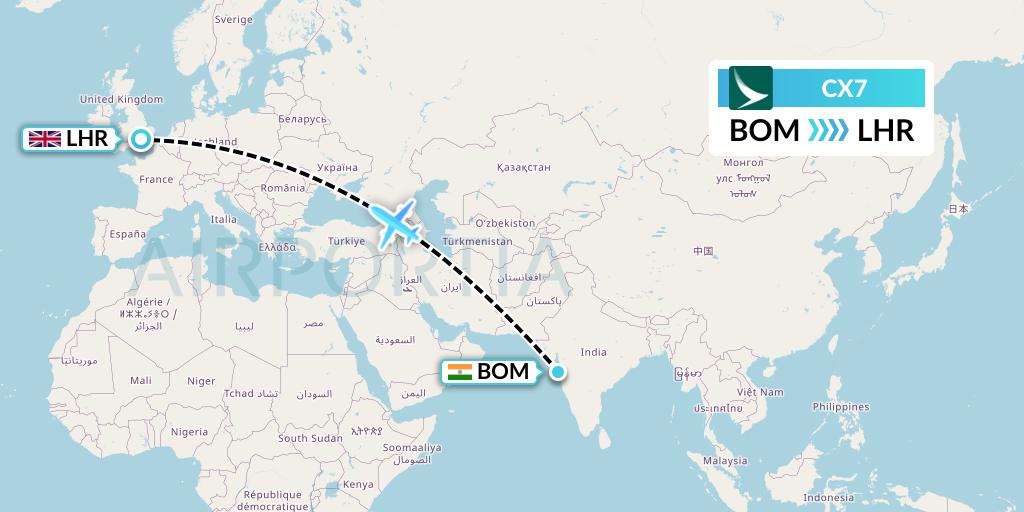 CX7 Cathay Pacific Flight Map: Mumbai to London