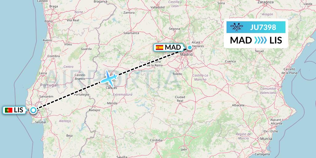 JU7398 AirSERBIA Flight Map: Madrid to Lisbon