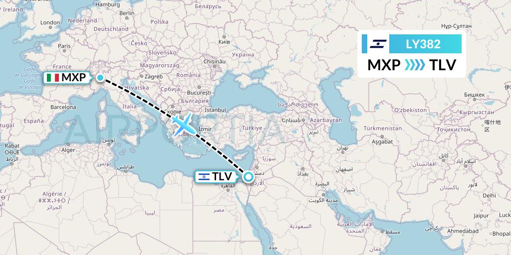 LY382 El Al Flight Map: Milan to Tel Aviv
