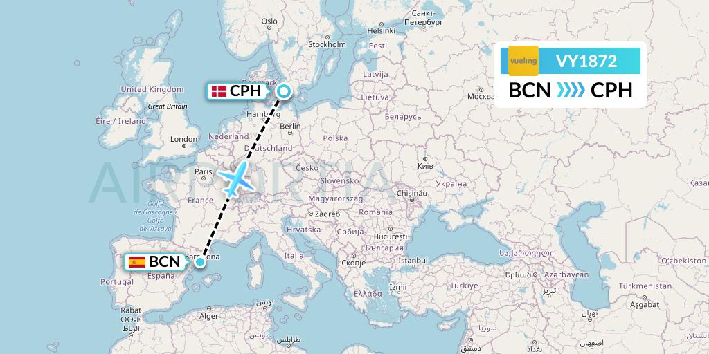 VY1872 Vueling Flight Map: Barcelona to Copenhagen
