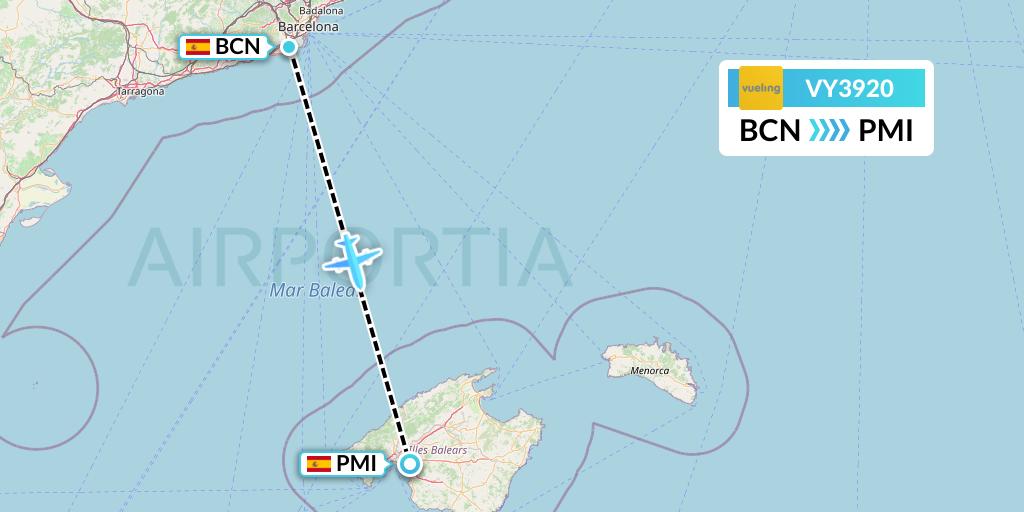 VY3920 Vueling Flight Map: Barcelona to Palma de Mallorca