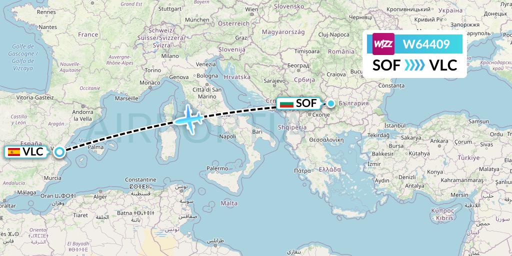 W64409 Wizz Air Flight Map: Sofia to Valencia