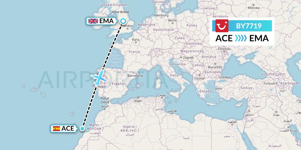 BY7719 TUI Airways Flight Map: Lanzarote to East Midlands