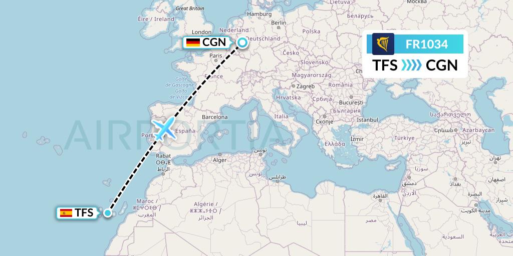 FR1034 Ryanair Flight Map: Tenerife to Cologne