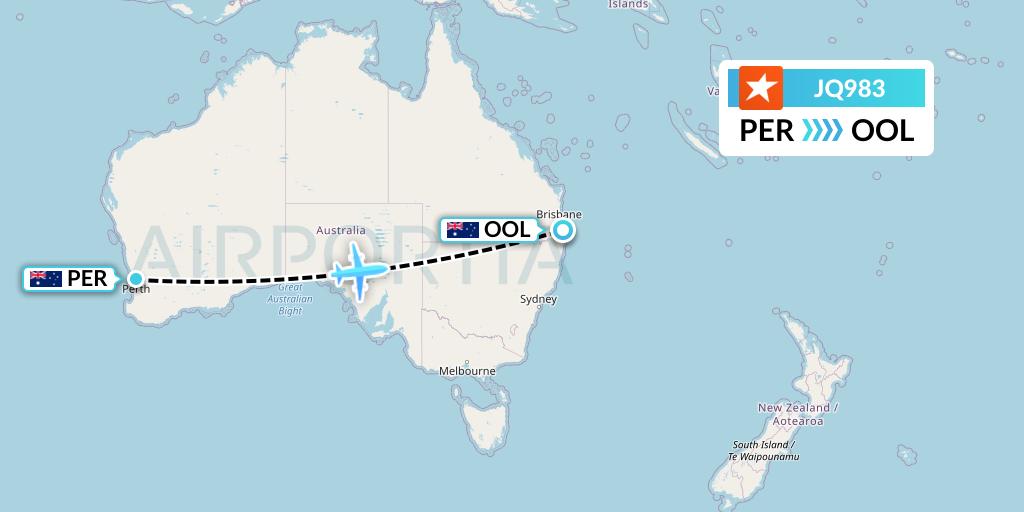JQ983 Jetstar Airways Flight Map: Perth to Gold Coast