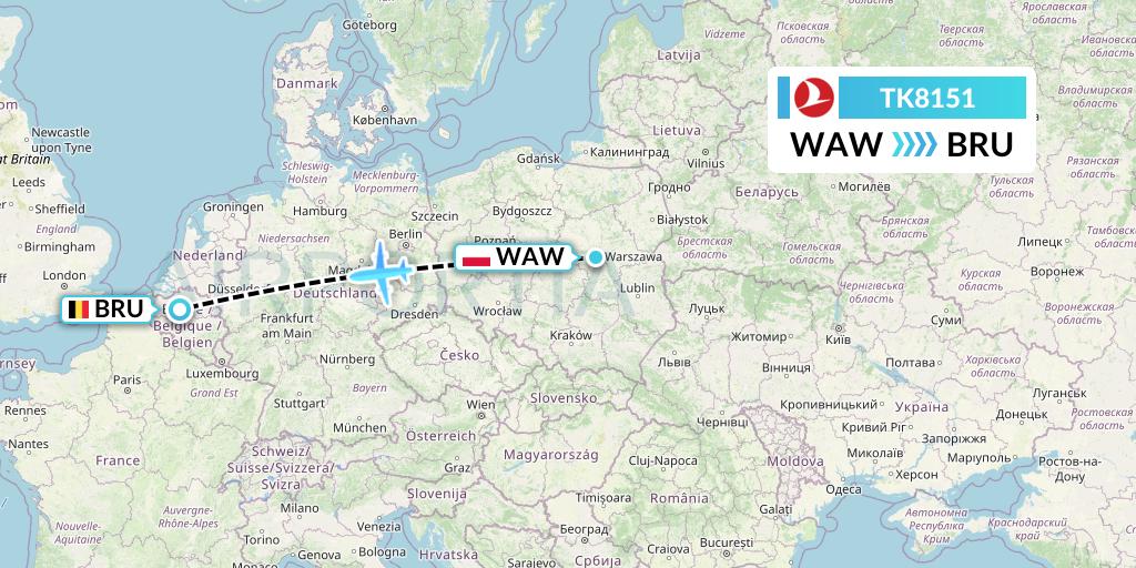 TK8151 Turkish Airlines Flight Map: Warsaw to Brussels
