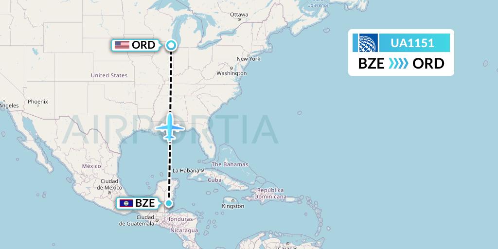 UA1151 United Airlines Flight Map: Belize City to Chicago