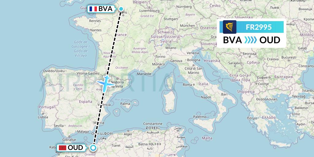 FR2995 Ryanair Flight Map: Paris to Oujda