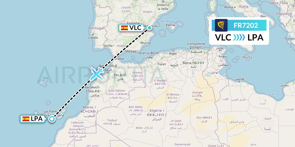 FR7202 Ryanair Flight Map: Valencia to Las Palmas