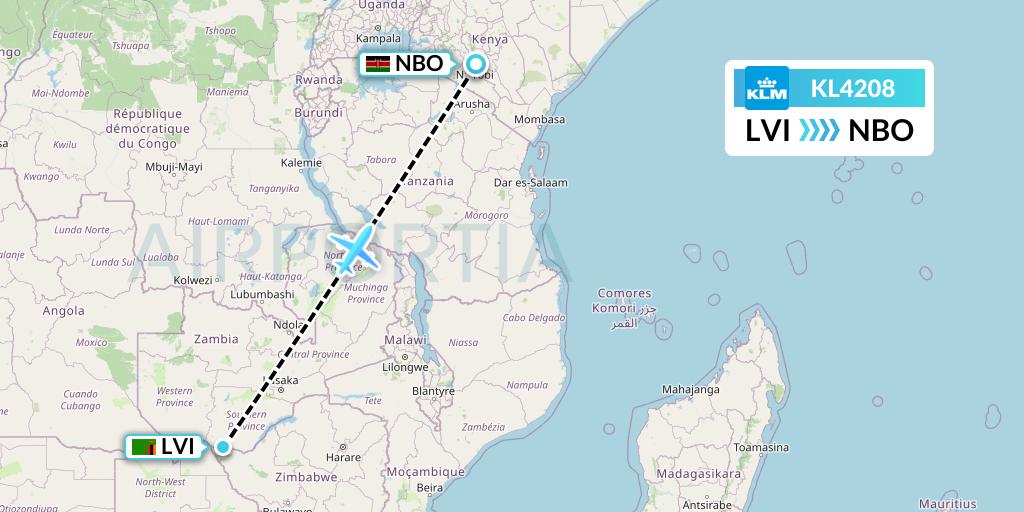 KL4208 KLM Flight Map: Livingstone to Nairobi