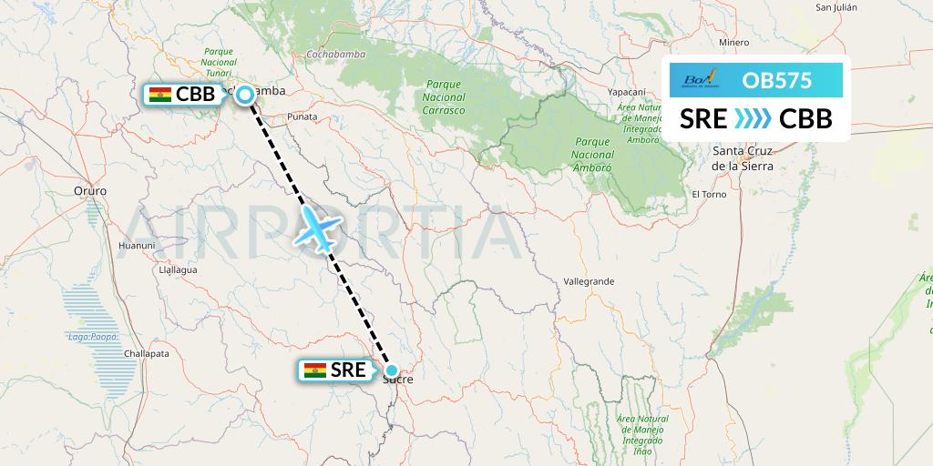 OB575 Boliviana de Aviacion Flight Map: Sucre to Cochabamba