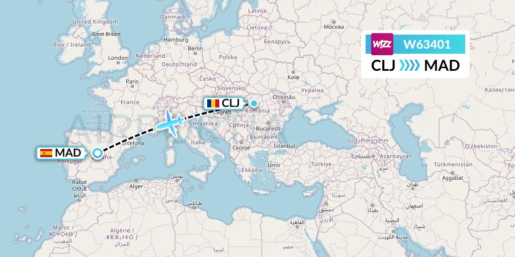 W63401 Wizz Air Flight Map: Cluj-Napoca to Madrid