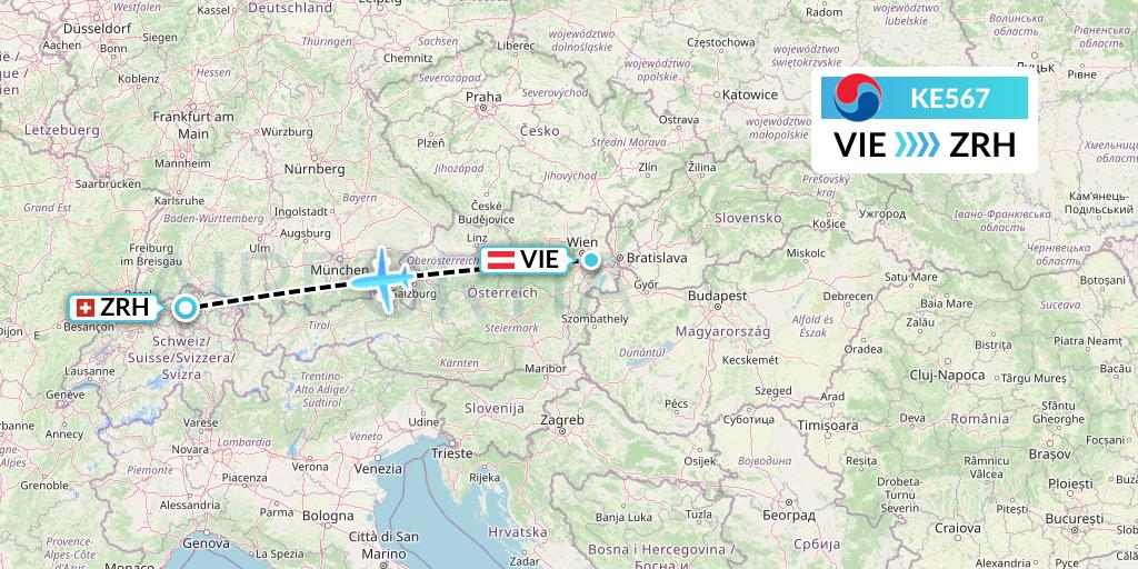 KE567 Korean Air Flight Map: Vienna to Zurich