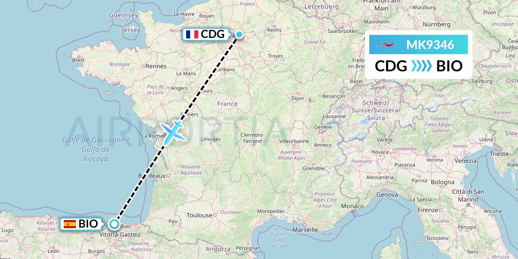 MK9346 Air Mauritius Flight Map: Paris to Bilbao