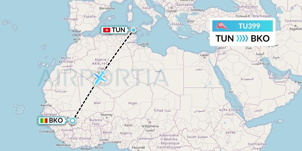 TU399 Tunisair Flight Map: Tunis to Bamako
