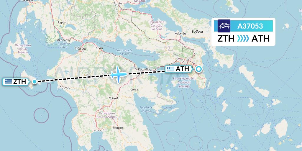 A37053 Aegean Airlines Flight Map: Zakynthos to Athens