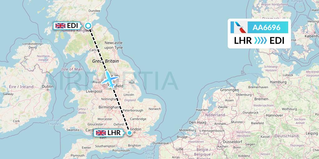 AA6696 American Airlines Flight Map: London to Edinburgh