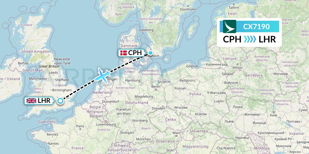 CX7190 Cathay Pacific Flight Map: Copenhagen to London