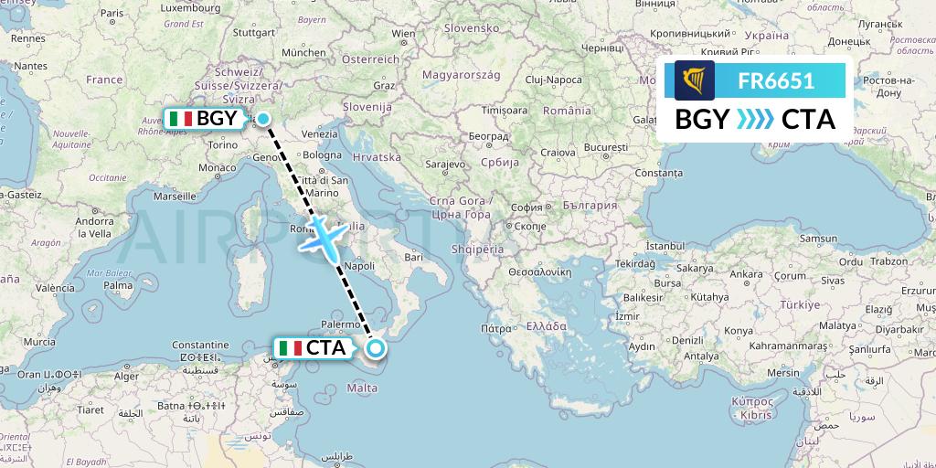 FR6651 Ryanair Flight Map: Milan to Catania