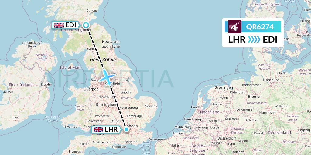 QR6274 Qatar Airways Flight Map: London to Edinburgh