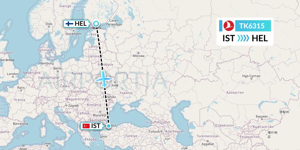 TK6315 Turkish Airlines Flight Map: Istanbul to Helsinki