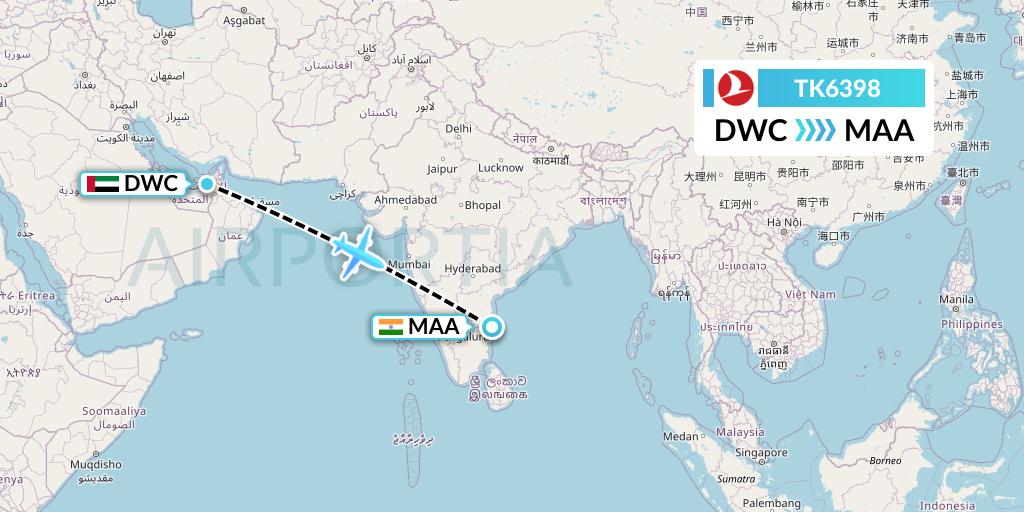 TK6398 Turkish Airlines Flight Map: Dubai to Chennai