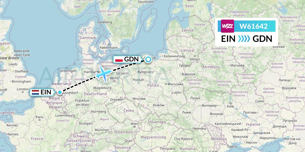W61642 Wizz Air Flight Map: Eindhoven to Gdansk