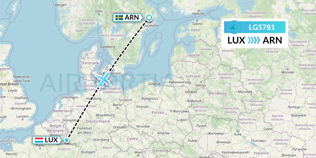 LG5781 Luxair Flight Map: Luxembourg to Stockholm