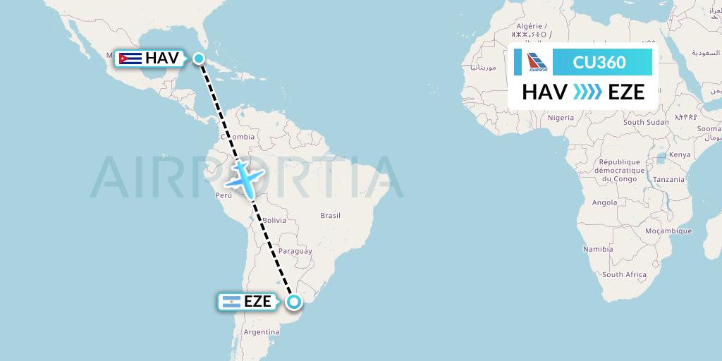 CU360 Cubana Flight Map: Havana to Buenos Aires