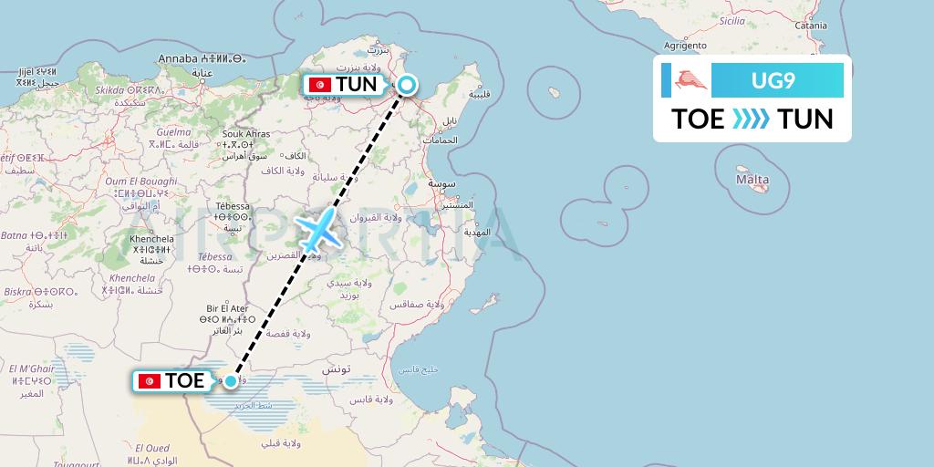 UG9 Tunisair Express Flight Map: Tozeur to Tunis