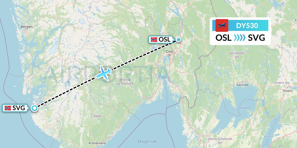 DY530 Norwegian Flight Map: Oslo to Stavanger