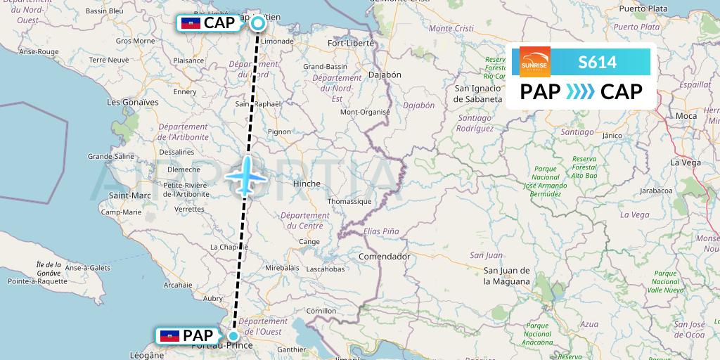 S614 Sunrise Airways Flight Map: Port-au-Prince to Cap-Haitien