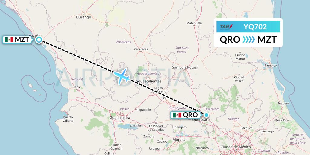 YQ702 TAR Aerolineas Flight Map: Queretaro to Mazatlan