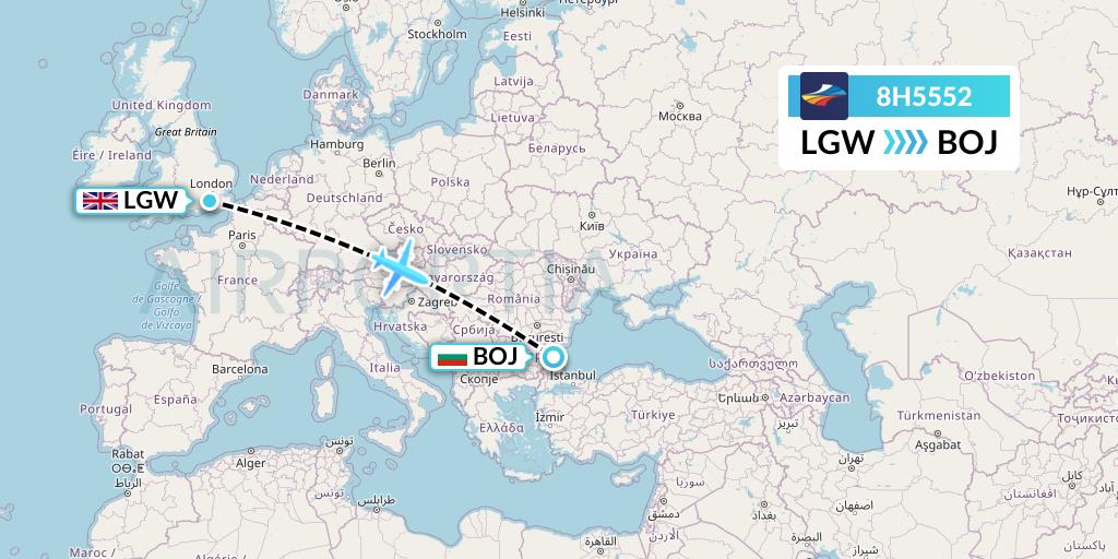 8H5552 BH Air Flight Map: London to Burgas