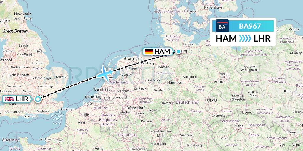 BA967 British Airways Flight Map: Hamburg to London