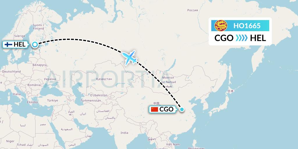 HO1665 Juneyao Airlines Flight Map: Zhengzhou to Helsinki