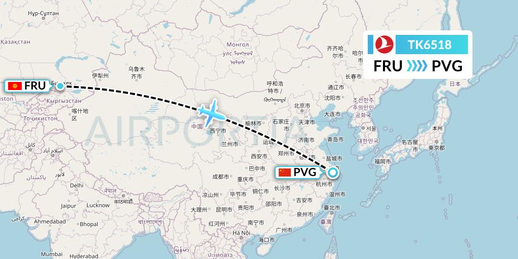 TK6518 Turkish Airlines Flight Map: Bishkek to Shanghai