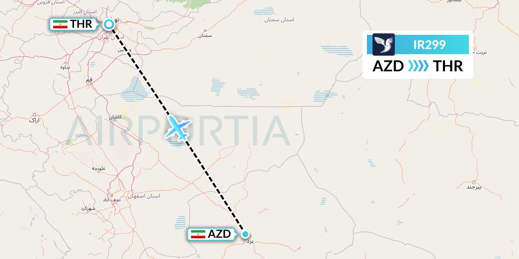 IR299 Iran Air Flight Map: Yazd to Tehran