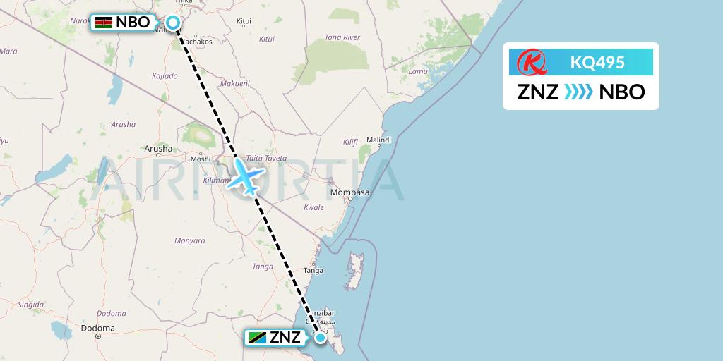 KQ495 Kenya Airways Flight Map: Zanzibar to Nairobi