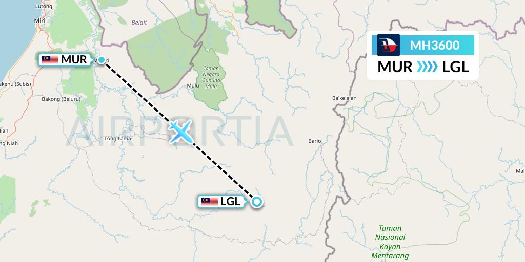 MH3600 Malaysia Airlines Flight Map: Marudi to Long Datih