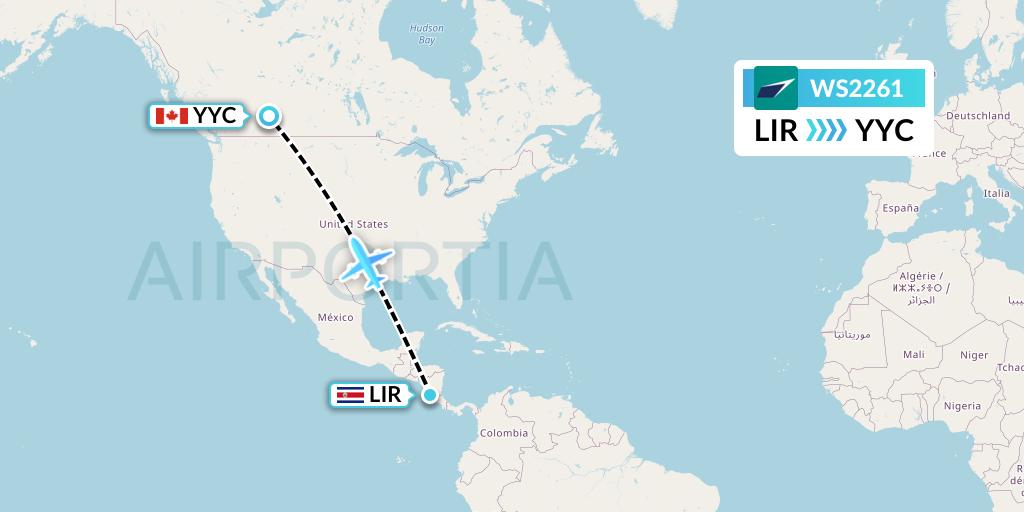 WS2261 WestJet Flight Map: Liberia to Calgary