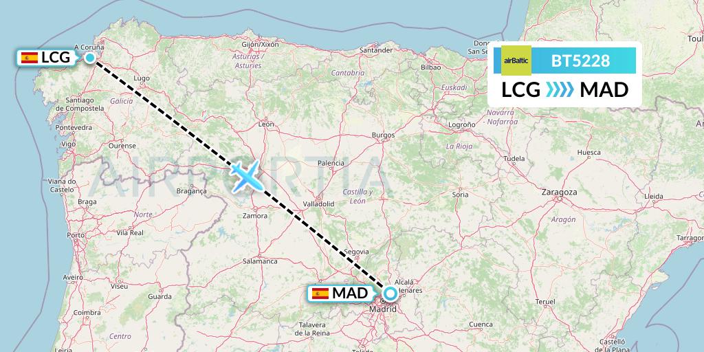 BT5228 Air Baltic Flight Map: A Coruna to Madrid