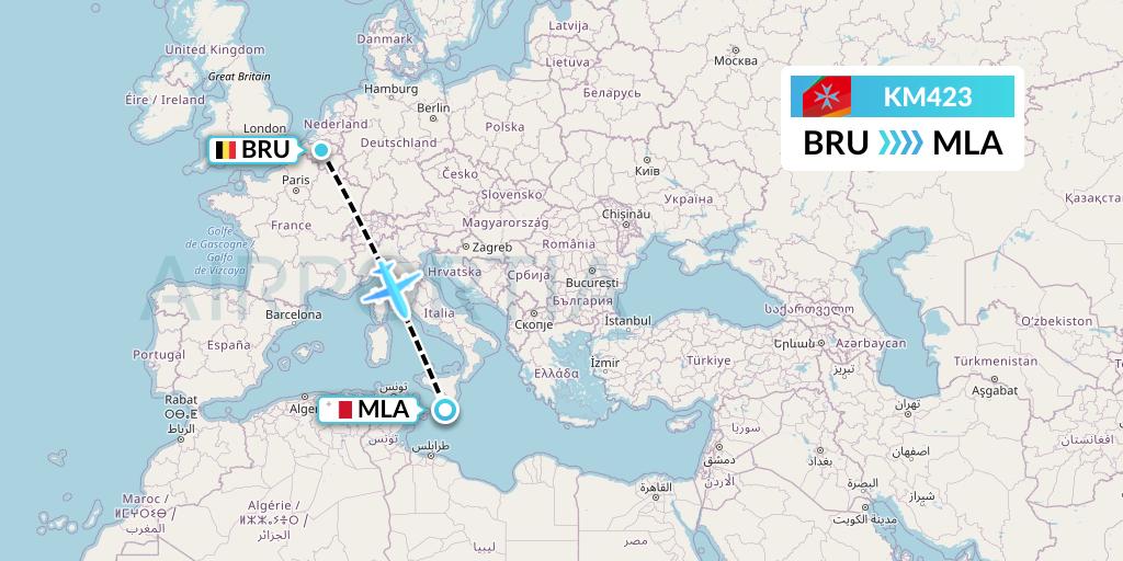 KM423 Air Malta Flight Map: Brussels to Malta