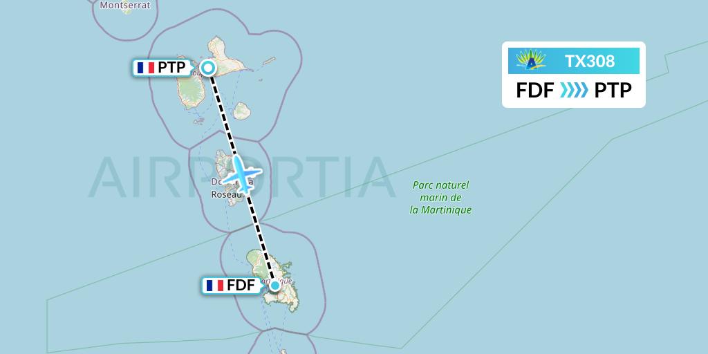 TX308 Air Caraibes Flight Map: Fort-de-France to Pointe-a-Pitre