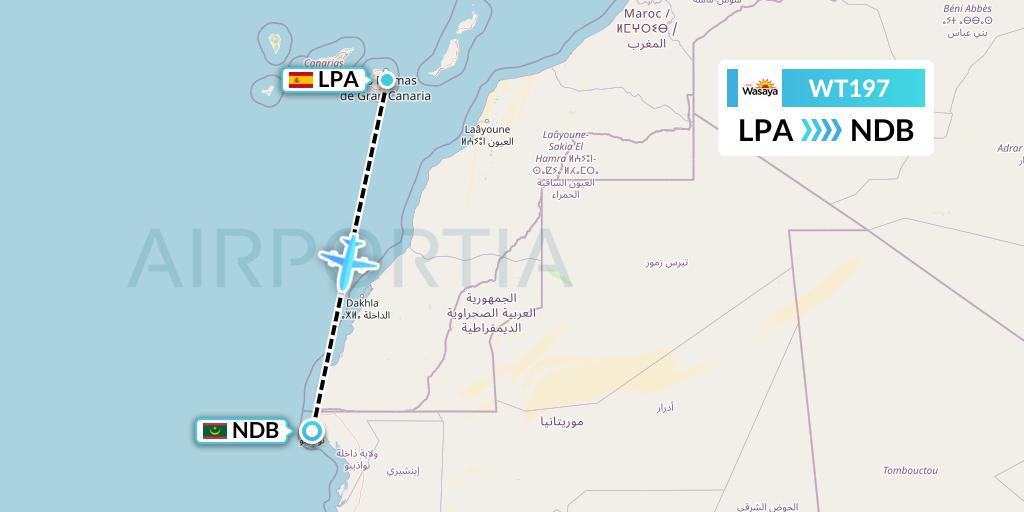 WT197 Swiftair Flight Map: Las Palmas to Nouadhibou
