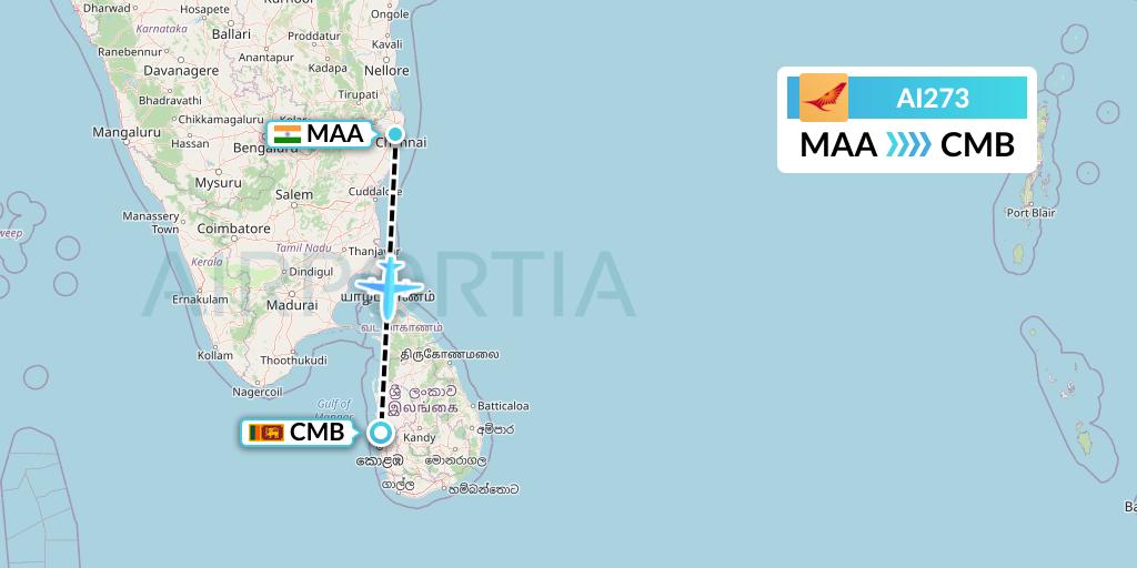 AI273 Air India Flight Map: Chennai to Colombo